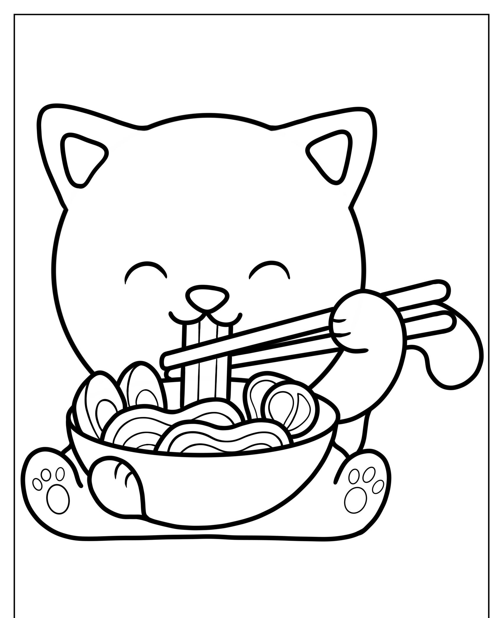 Um gato fofo de desenho animado comendo macarrão alegremente com hashis. Para colorir