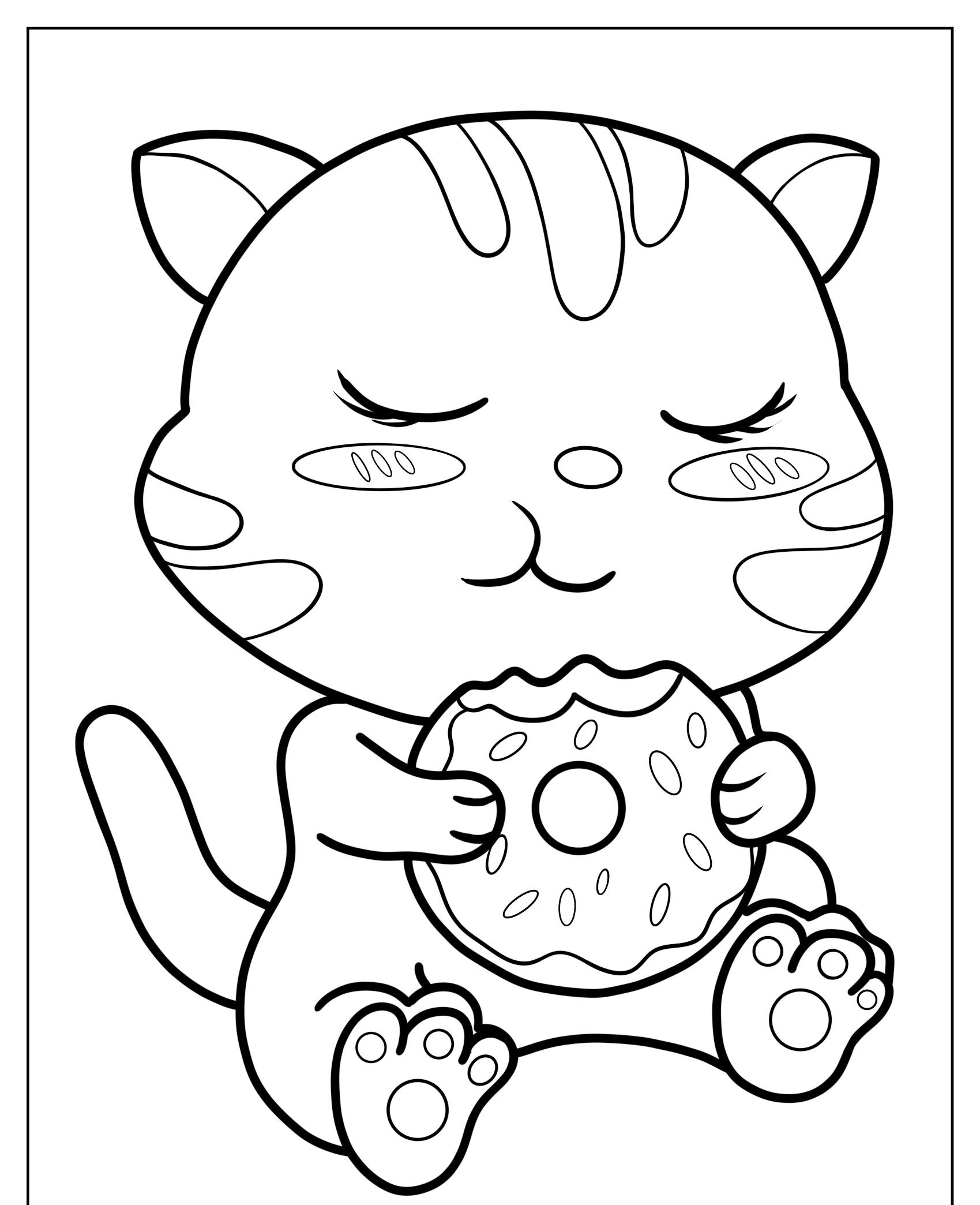 Desenho de um gato de desenho animado segurando um donut e prestes a comê-lo alegremente. Para colorir