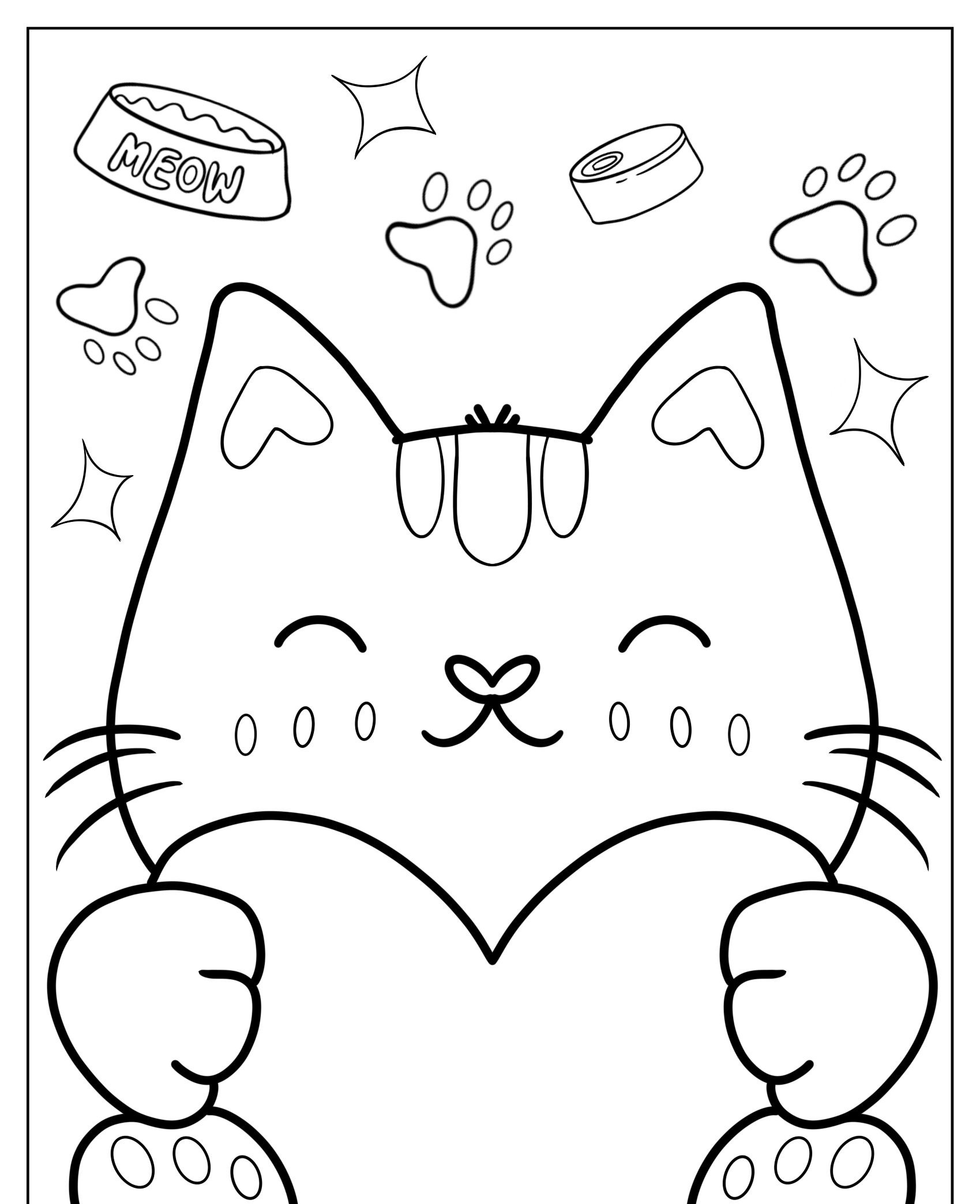 Gato de desenho animado com olhos fechados, segurando um formato de coração. Patas, tigela de comida, brilhos e estrelas estão ao redor dele. Para colorir