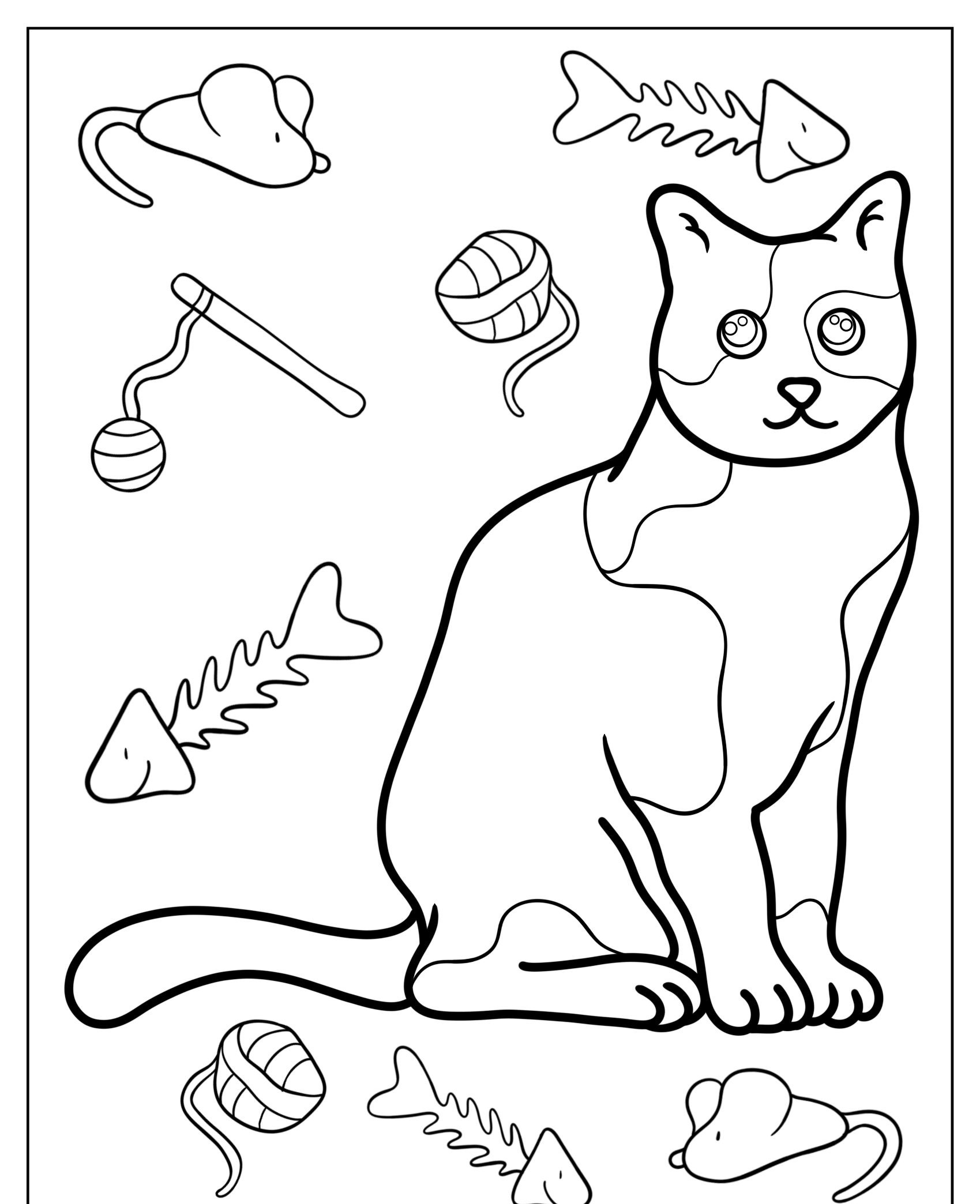 Uma ilustração em preto e branco representando um gato cercado por vários brinquedos, incluindo ratos, bolas de lã e espinhas de peixe. Para colorir