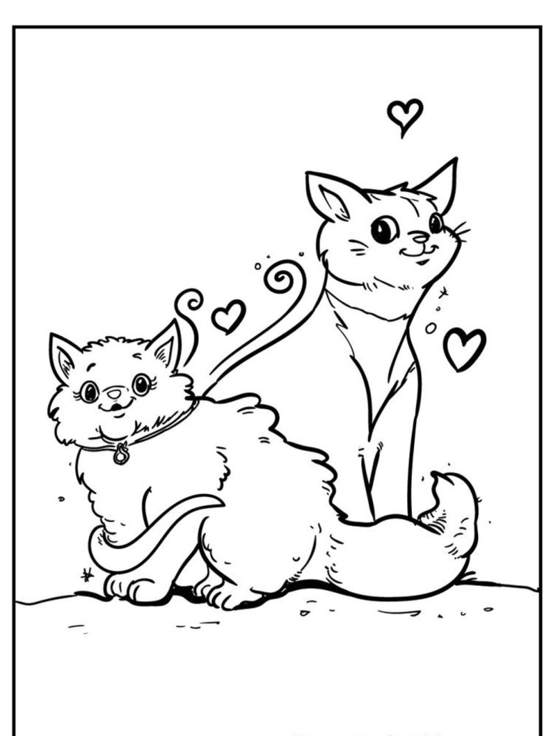 Dois gatos de desenho animado: um fofo sentado com uma coleira e o outro elegante em pé com um cachecol, ambos cercados por pequenos corações. Para colorir