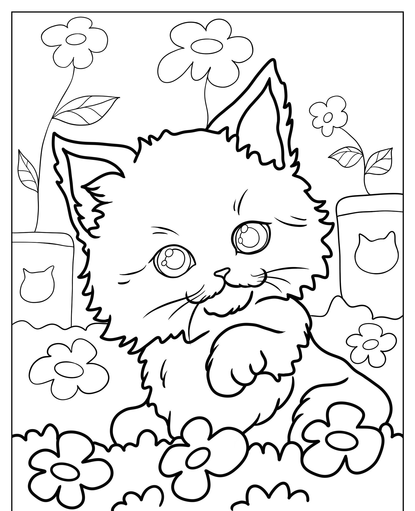 Um desenho de um gatinho fofo sentado entre flores. No fundo, há dois vasos de flores, cada um com um desenho de rosto de gato. Para colorir