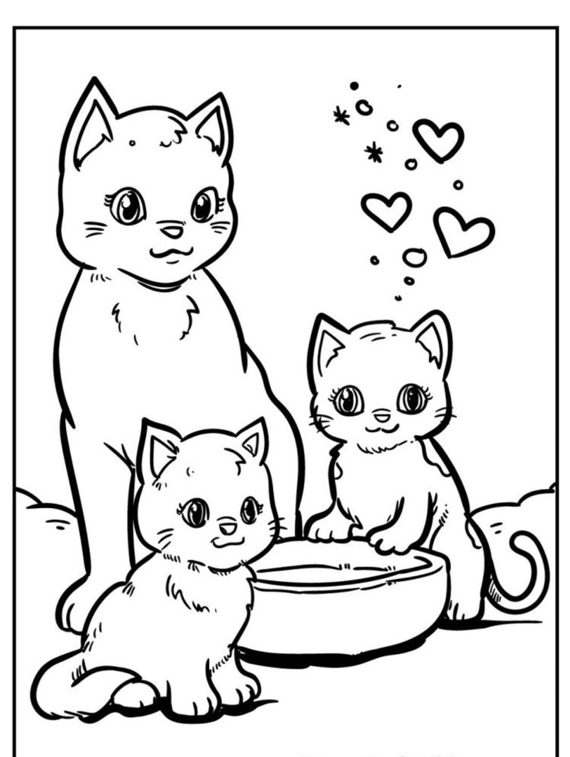 Uma gata e dois gatinhos sentam-se ao redor de uma tigela, com corações flutuando acima de um gatinho. A ilustração é em preto e branco e tem um estilo de desenho animado. Para colorir