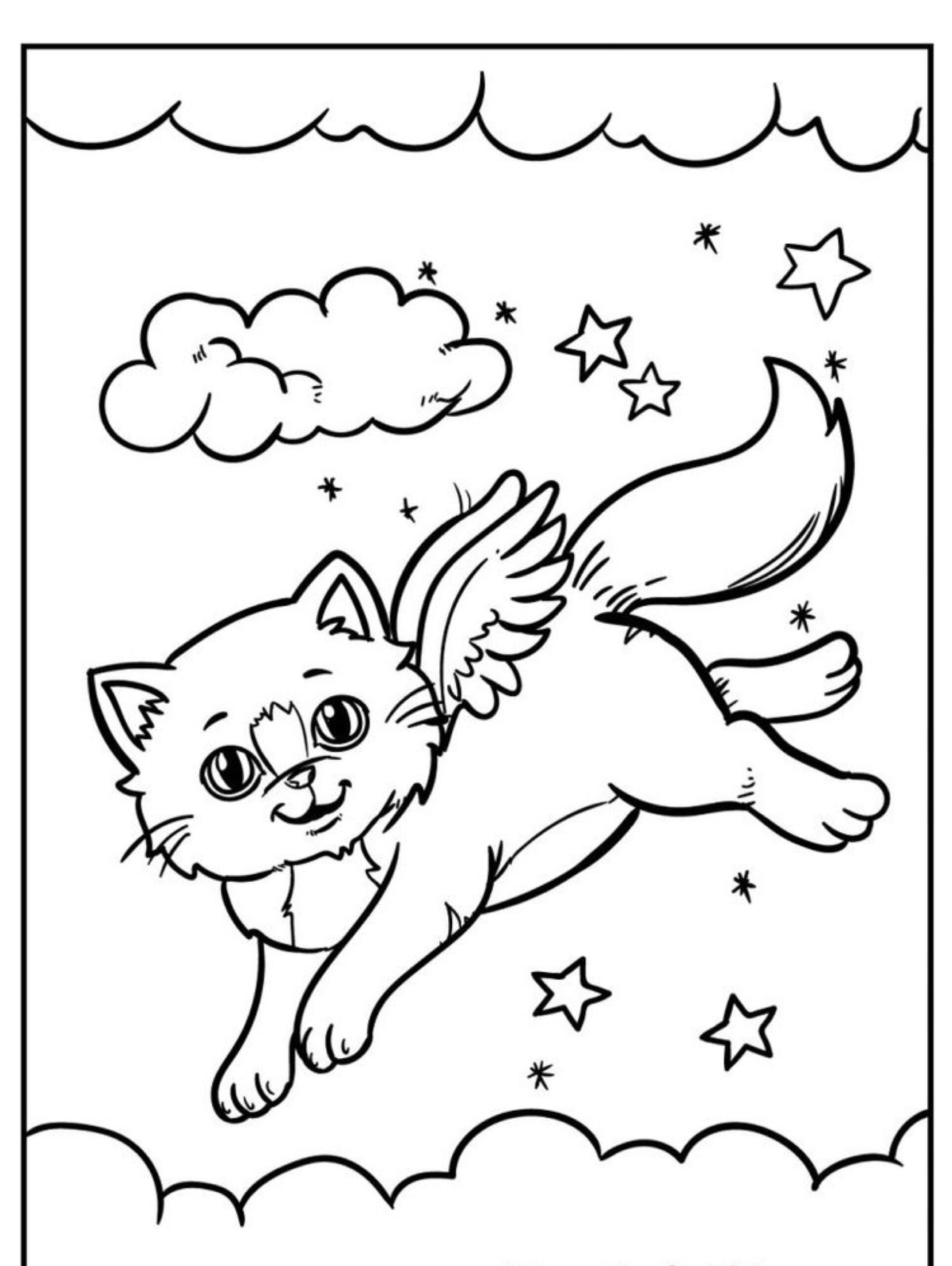 Uma página para colorir de um gato sorridente e alado voando pelo céu com nuvens e estrelas ao fundo. Para colorir