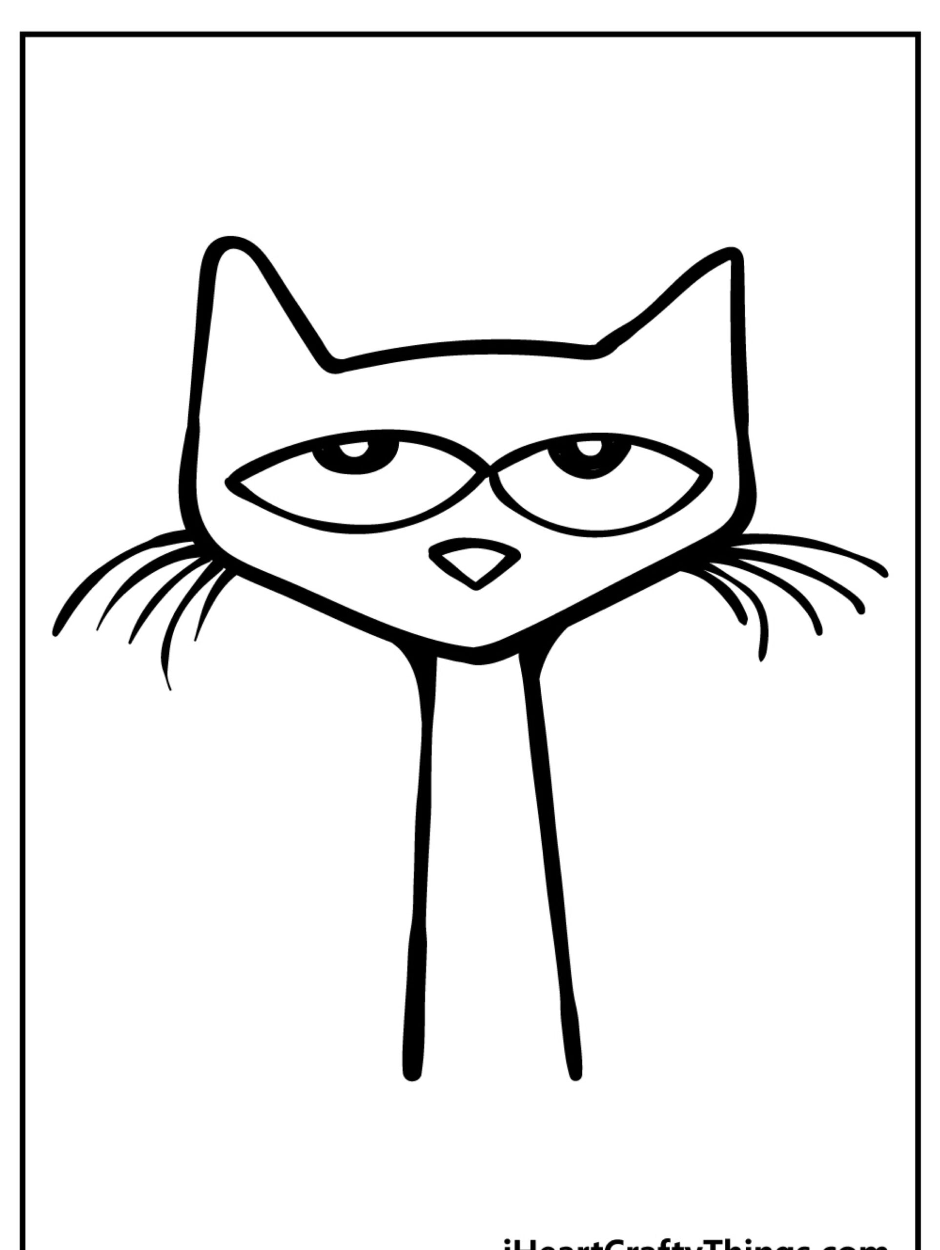 Um desenho simples em preto e branco da cabeça de um gato com olhos grandes e bigodes proeminentes, apresentando um pescoço longo e fino. O desenho é minimalista com linhas limpas. Para colorir