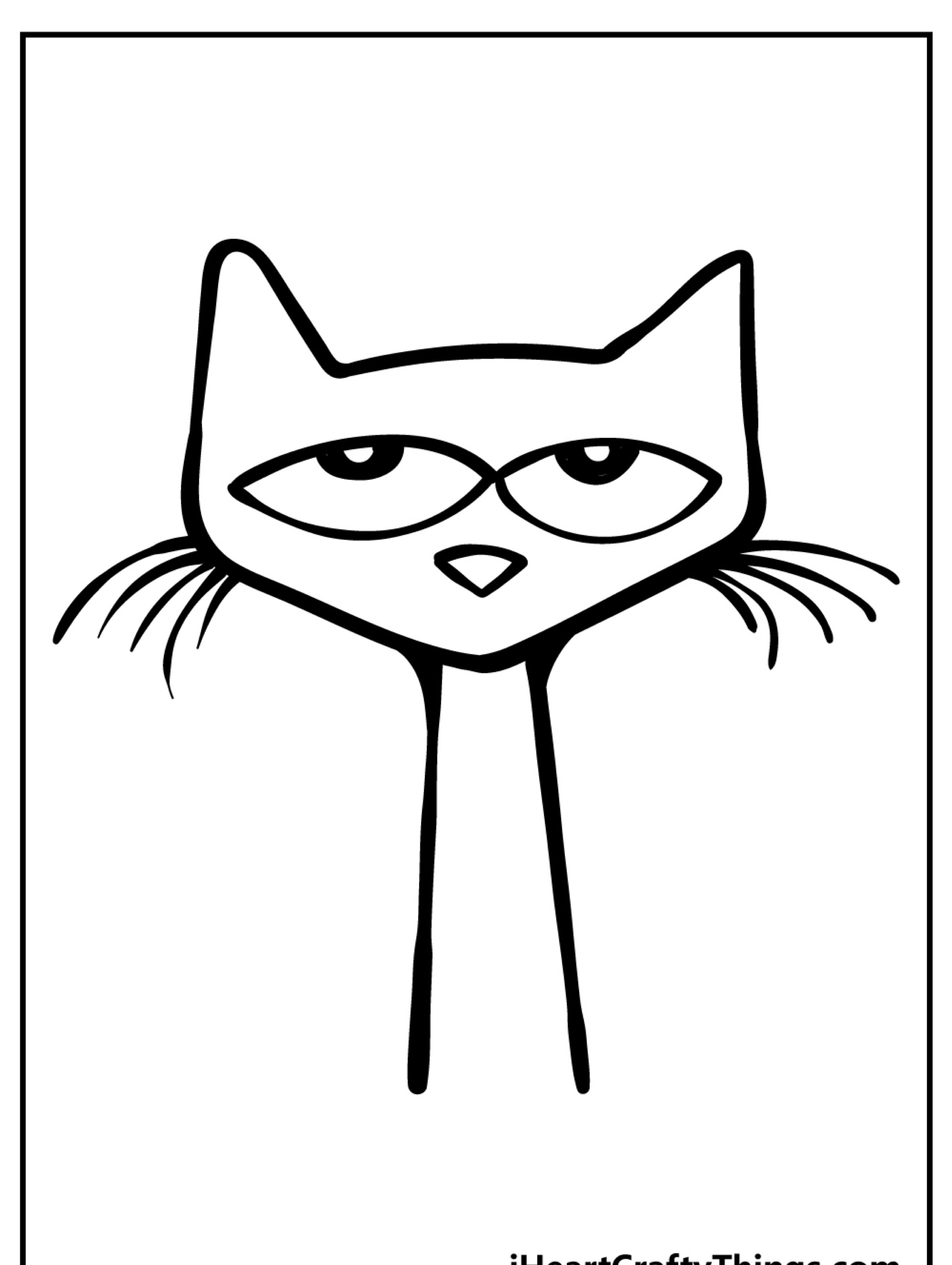 Um desenho simples em preto e branco da cabeça de um gato com olhos grandes e bigodes proeminentes, apresentando um pescoço longo e fino. O desenho é minimalista com linhas limpas. Para colorir