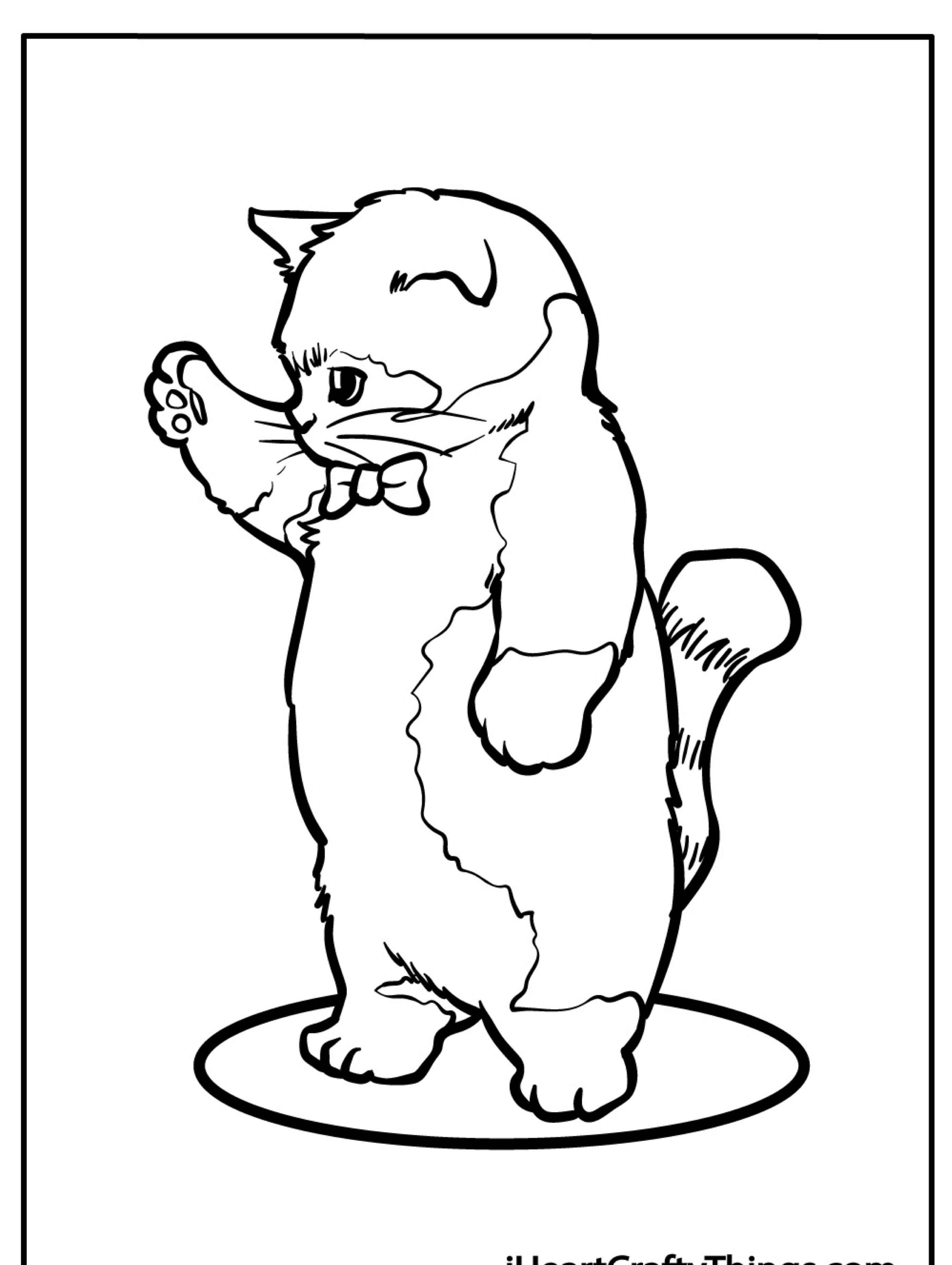 Desenho em preto e branco de um gato em pé usando uma gravata borboleta com uma pata levantada. O gato parece estar em uma plataforma circular. Para colorir