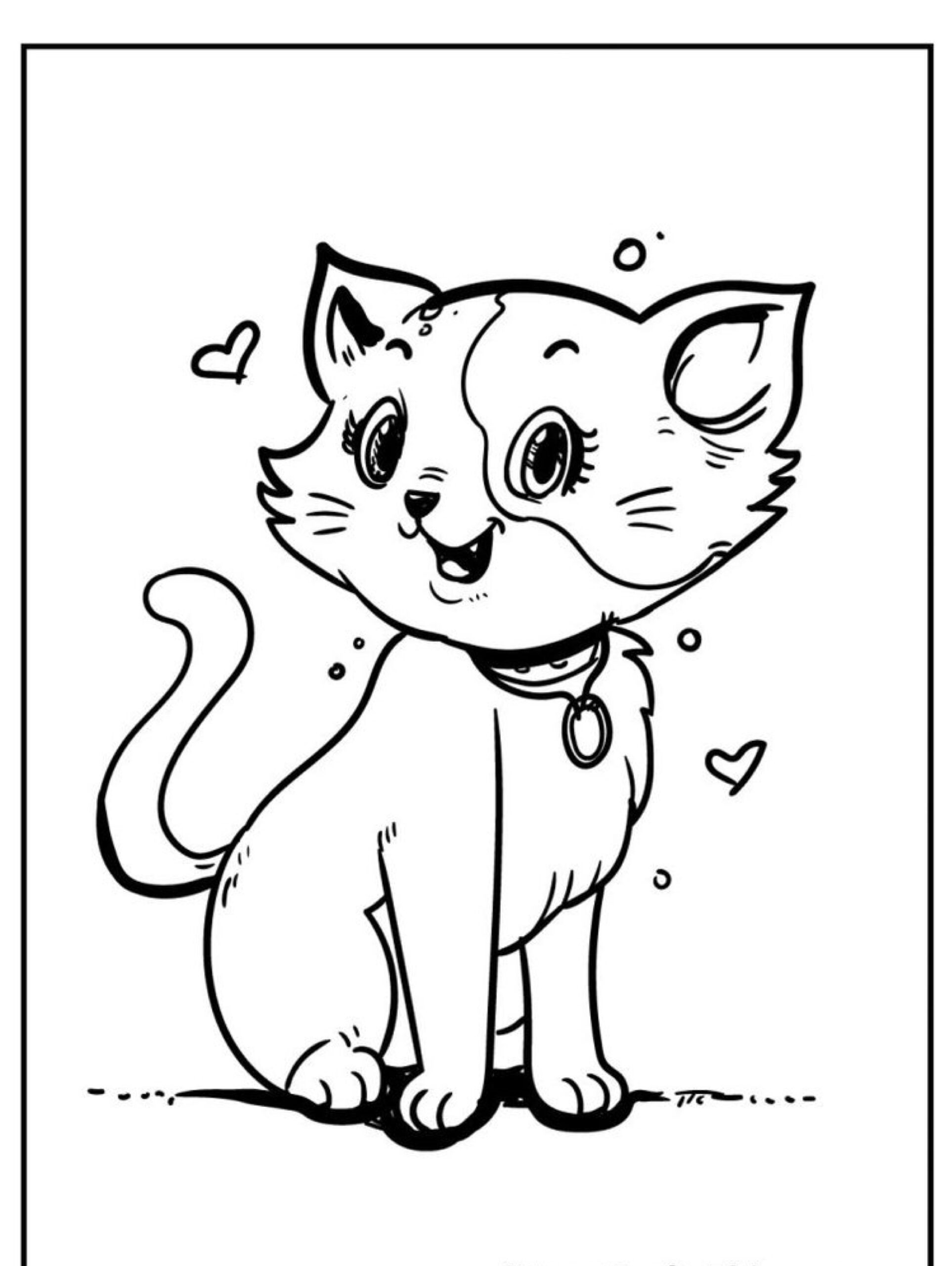 Uma ilustração em desenho animado de um gatinho sorridente usando uma coleira com corações flutuando ao redor dela. Para colorir