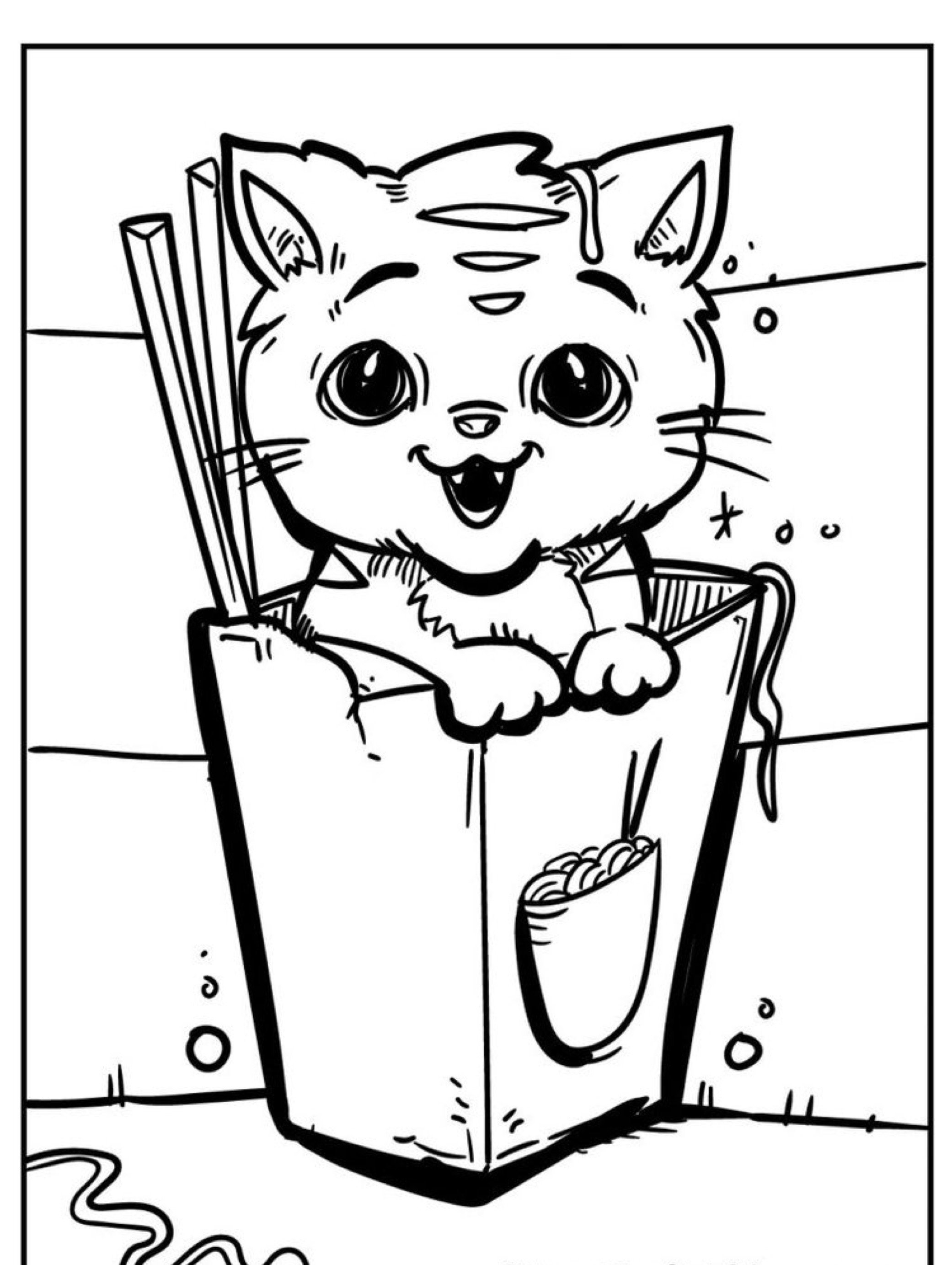 Um gato de desenho animado está felizmente sentado dentro de um recipiente vertical de macarrão para viagem com hashis. Macarrão e molho estão derramando do recipiente. Para colorir