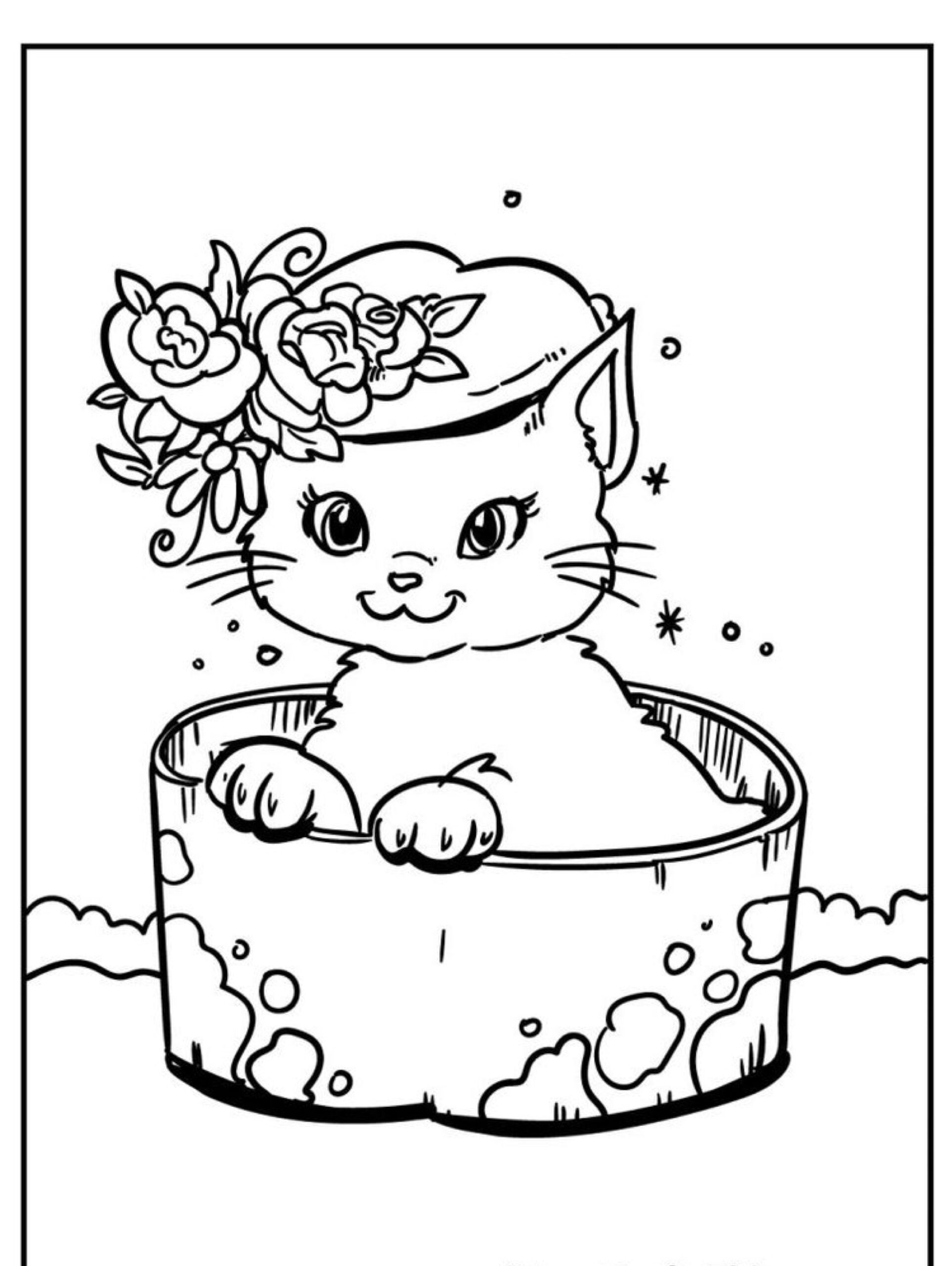 Um gato fofo usando um chapéu adornado com flores está sentado em uma banheira cheia de bolhas, cercado por pequenas bolhas. Para colorir