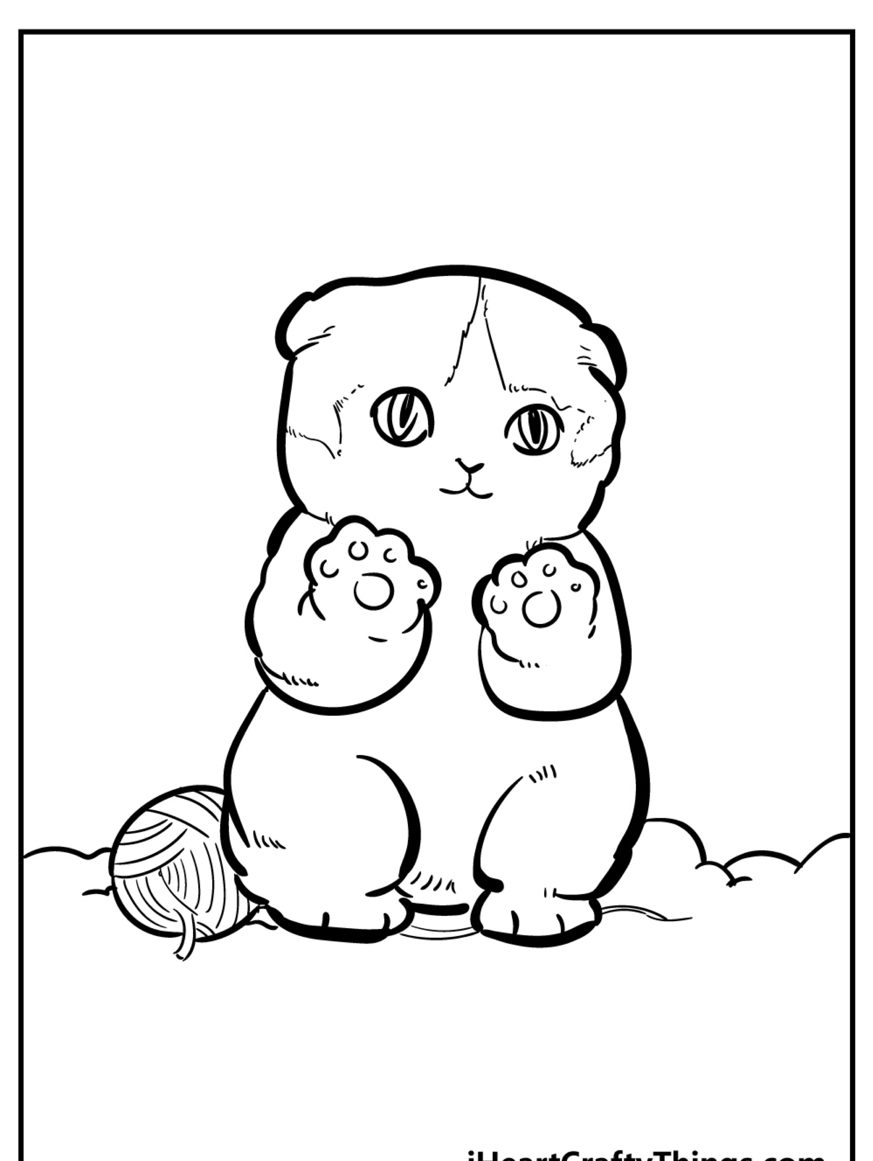 Um desenho em preto e branco de um gatinho sentado com suas patas dianteiras levantadas. Uma bola de lã é colocada ao lado do gatinho. Para colorir