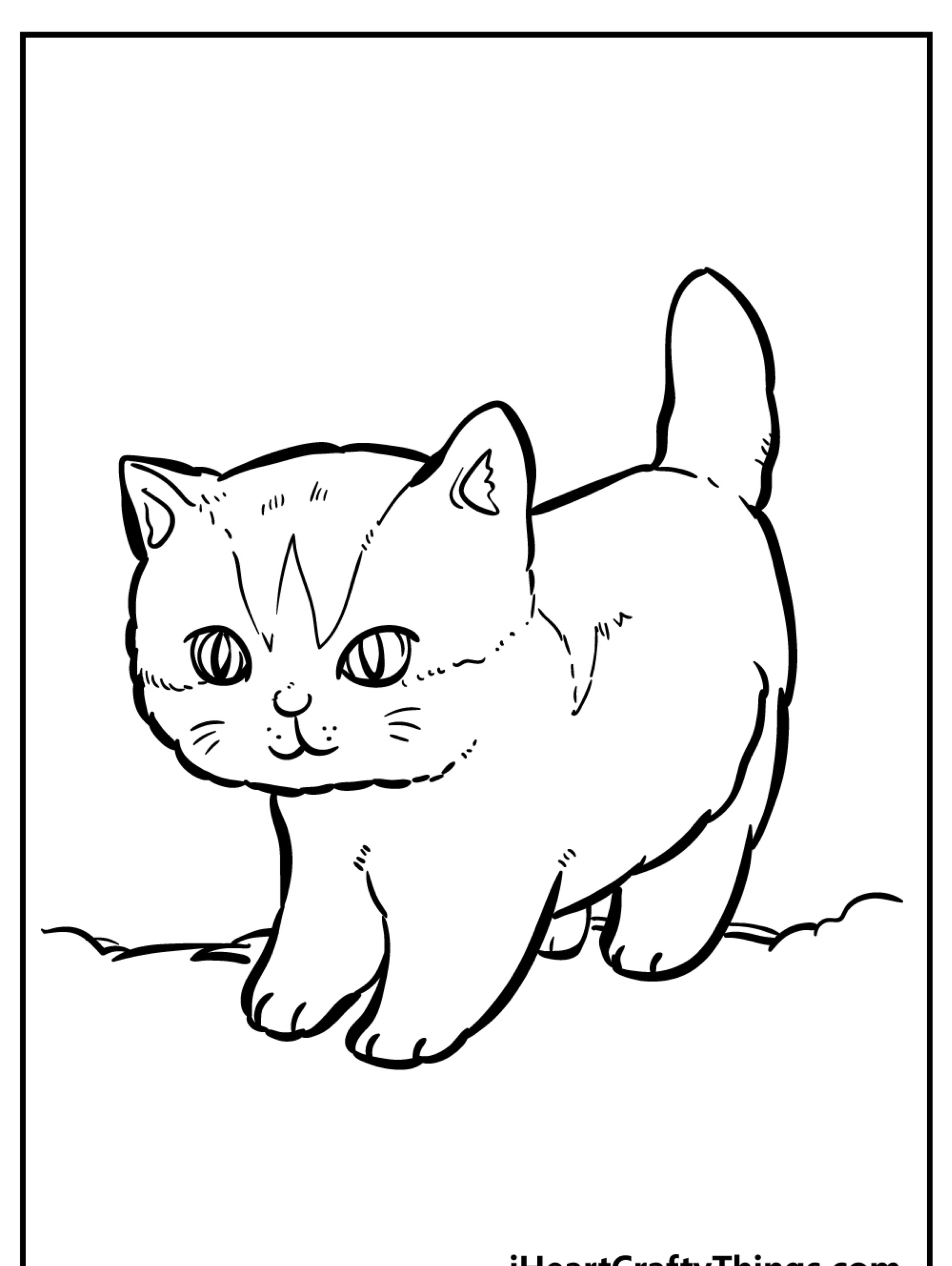 Um desenho simples de um gatinho andando. O gatinho tem olhos grandes, um nariz pequeno e um rabo levantado. Para colorir