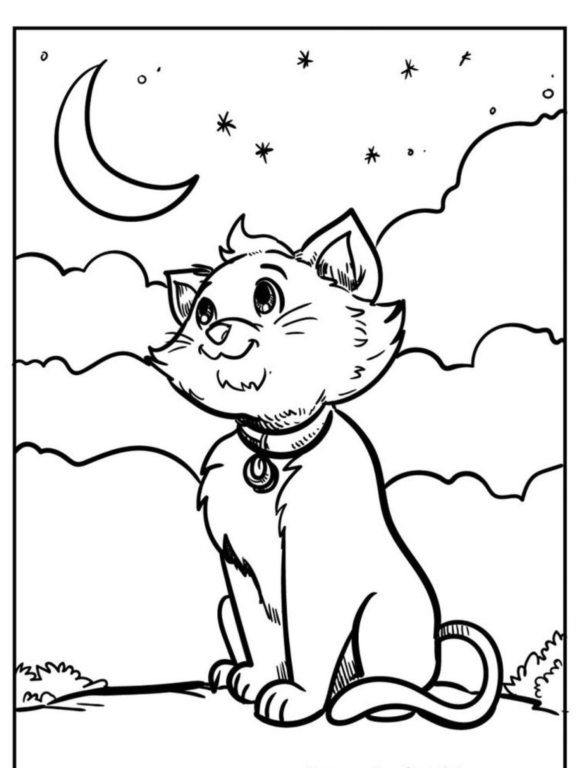 Um desenho em preto e branco de um gato sentado sob uma lua crescente e céu estrelado com nuvens ao fundo. O gato usa uma coleira com um pingente. Para colorir