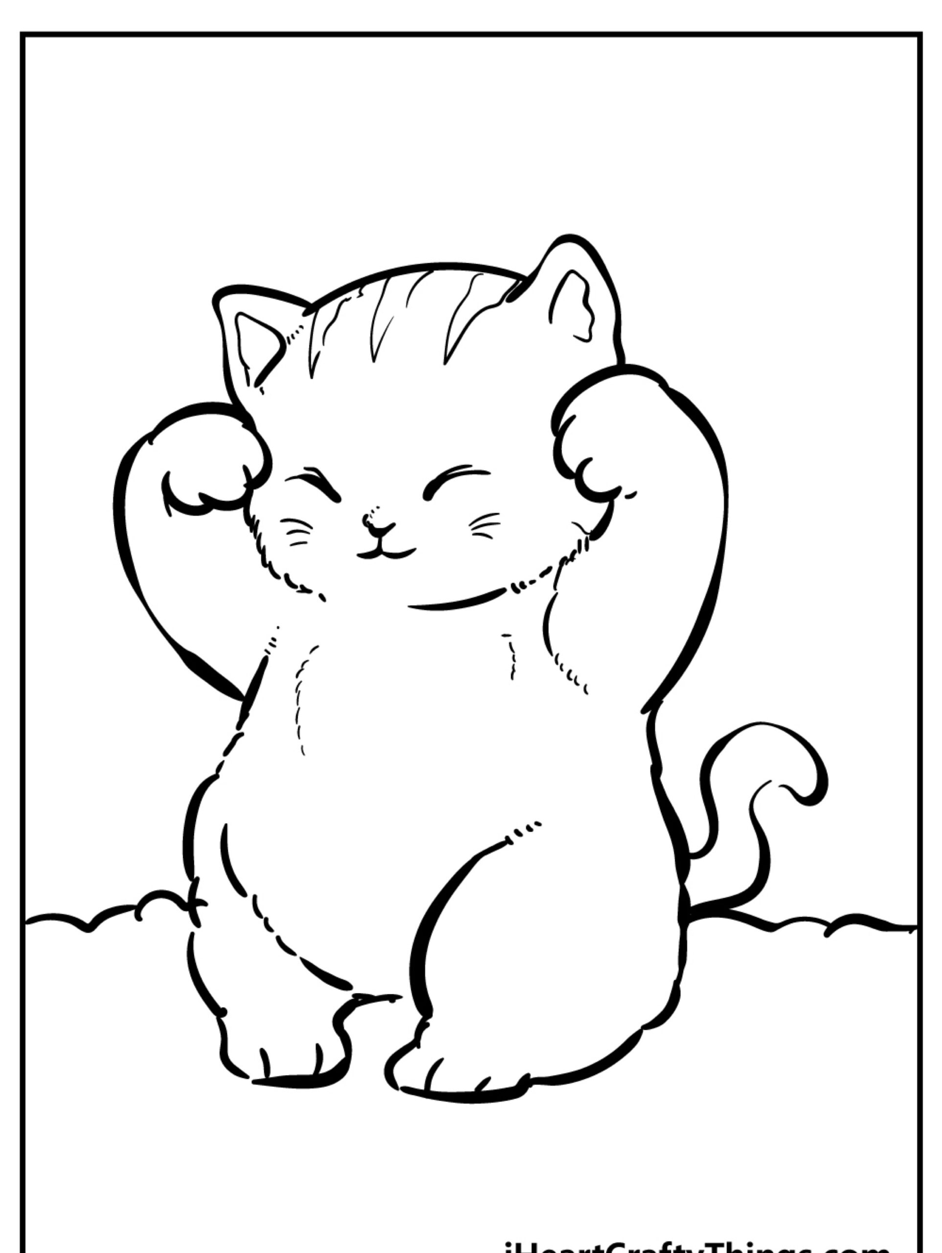 Desenho esboçado de um gatinho em pé, com as patas levantadas perto da cabeça, olhos fechados e um pequeno sorriso, sobre um fundo simples. Para colorir