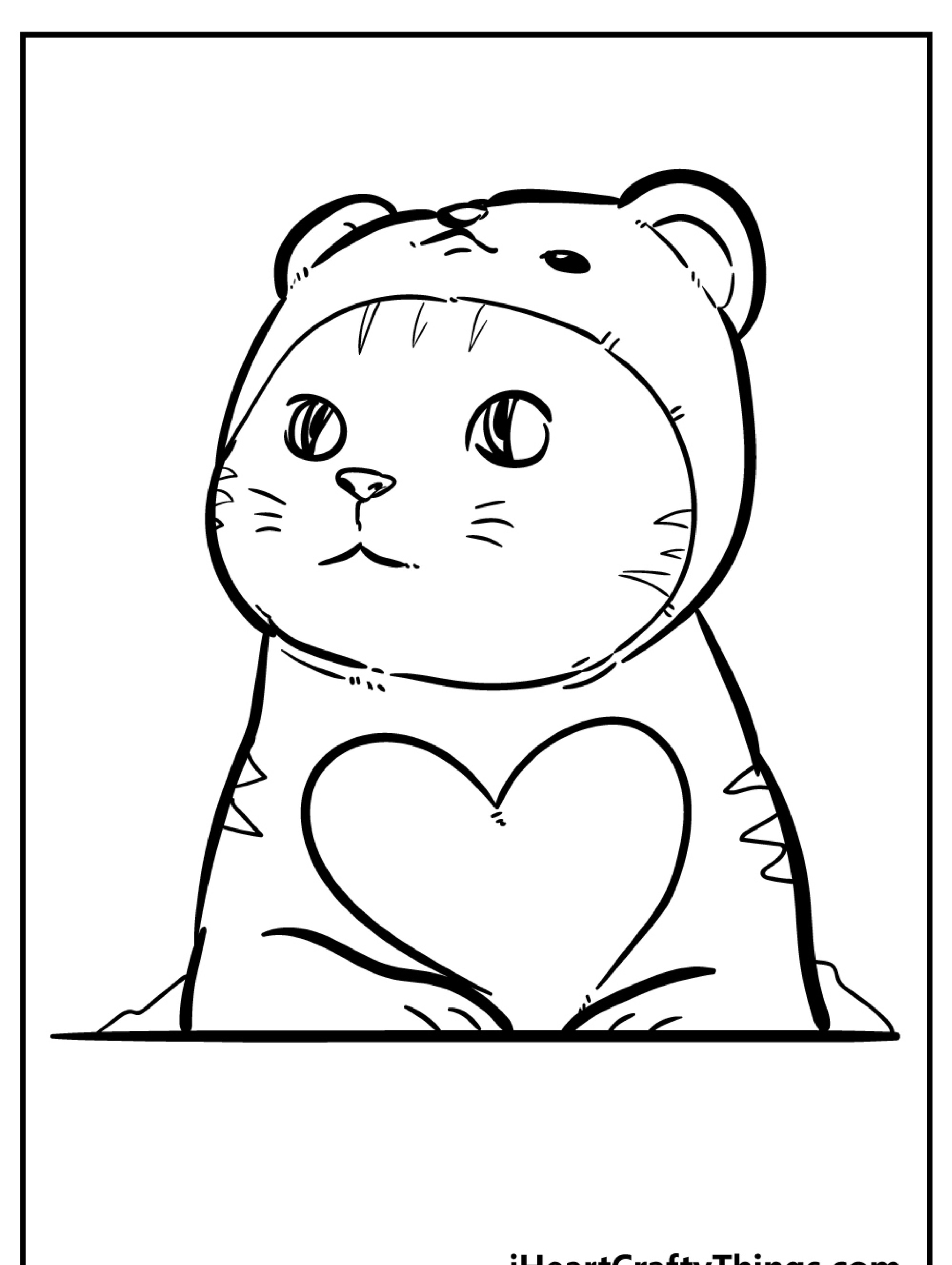 Um desenho animado de um gato usando um capuz de urso, com um formato de coração no peito. A imagem é emoldurada por uma borda preta fina. Para colorir