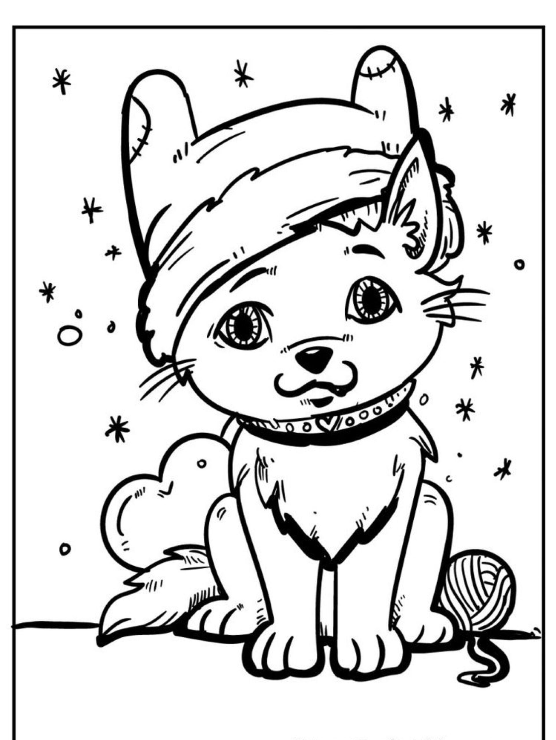 Uma ilustração em preto e branco de um gatinho usando um chapéu de inverno, sentado ao lado de uma bola de lã. Flocos de neve estão caindo ao redor do gatinho. Para colorir