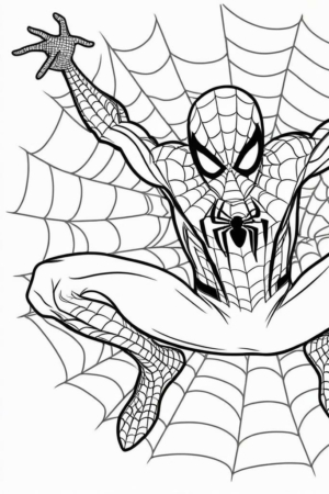 Homem-Aranha posando com teia ao fundo, desenho para colorir.