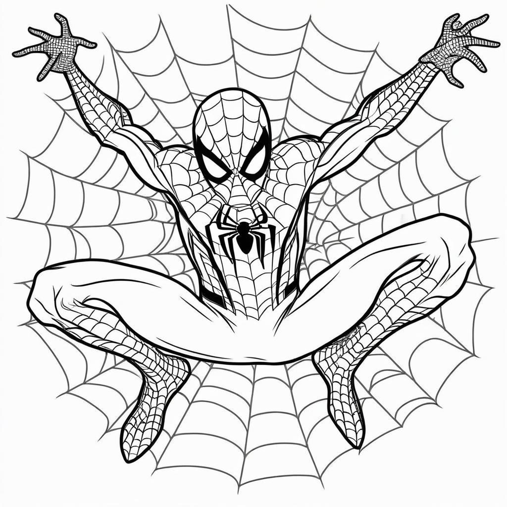 Homem-Aranha posando com teia ao fundo, desenho para colorir.