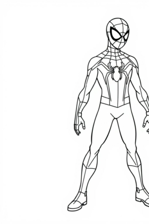 Desenho para colorir de um super-herói com uma aranha no peito.