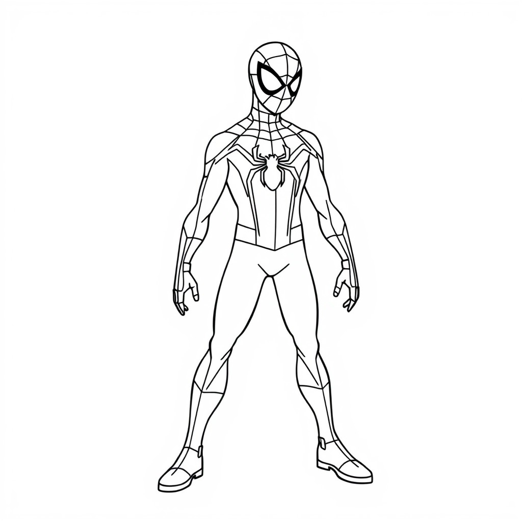 Desenho para colorir de um super-herói com uma aranha no peito.