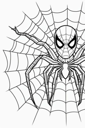 Homem-Aranha sobre uma teia para colorir, com fundo detalhado.