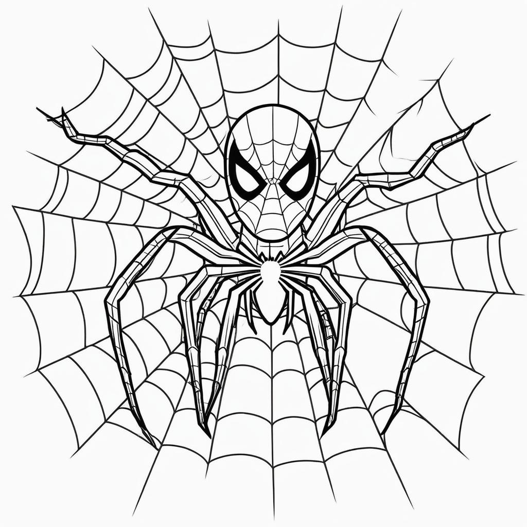 Homem-Aranha sobre uma teia para colorir, com fundo detalhado.