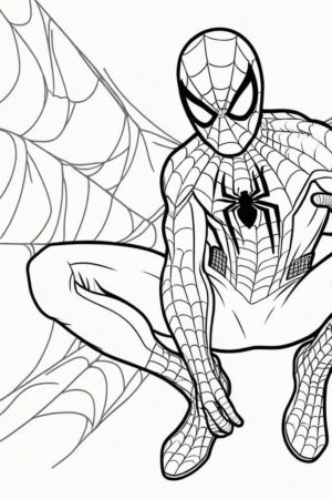 Homem-Aranha em pose dinâmica para colorir, com teias ao fundo.