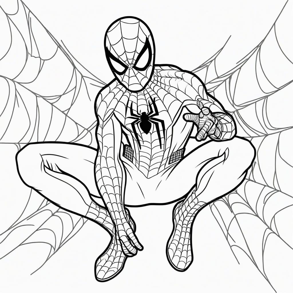 Homem-Aranha em pose dinâmica para colorir, com teias ao fundo.