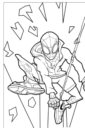 Desenho para colorir do Homem-Aranha balançando em sua teia.