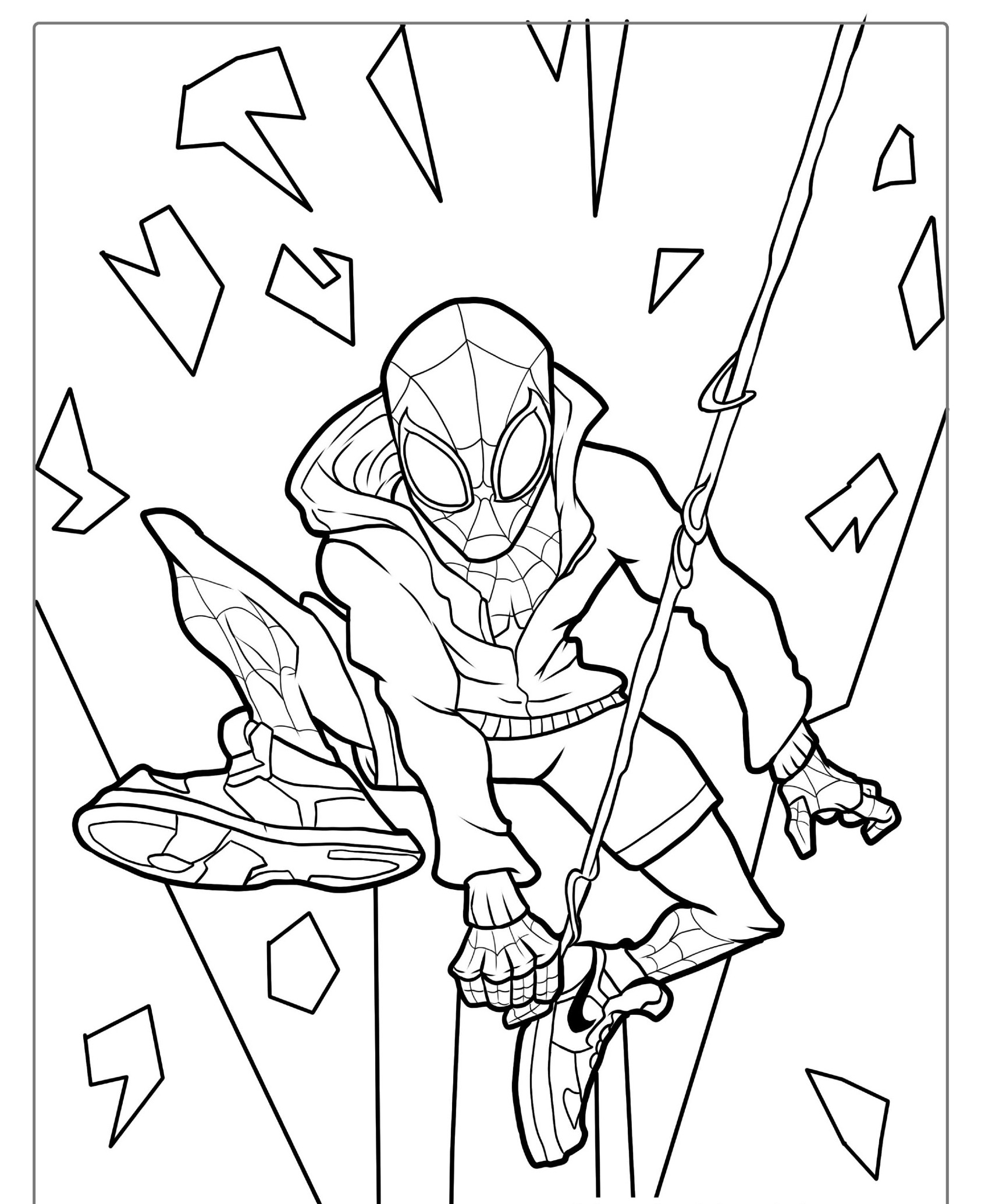 Desenho para colorir do Homem-Aranha balançando em sua teia.