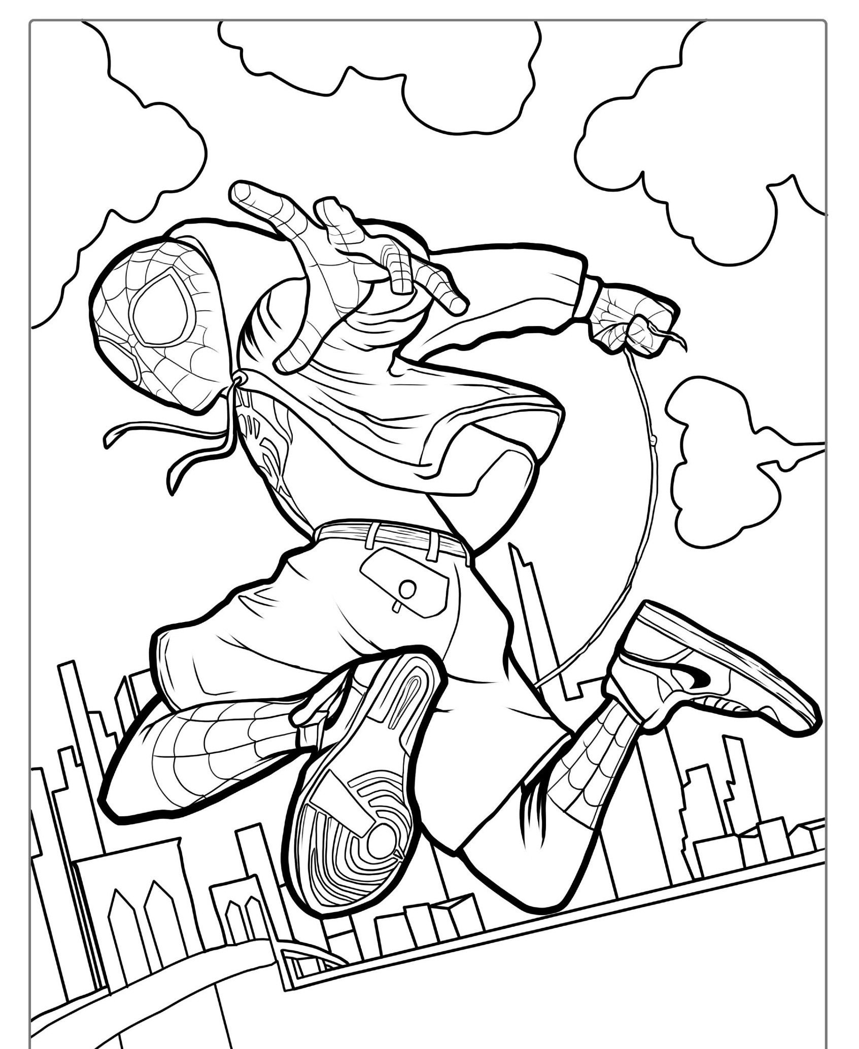 Desenho para colorir do Homem-Aranha pulando com fundo de cidade.