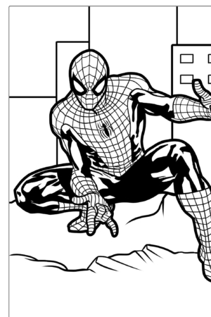 Desenho para colorir do Homem-Aranha, com edifícios ao fundo.