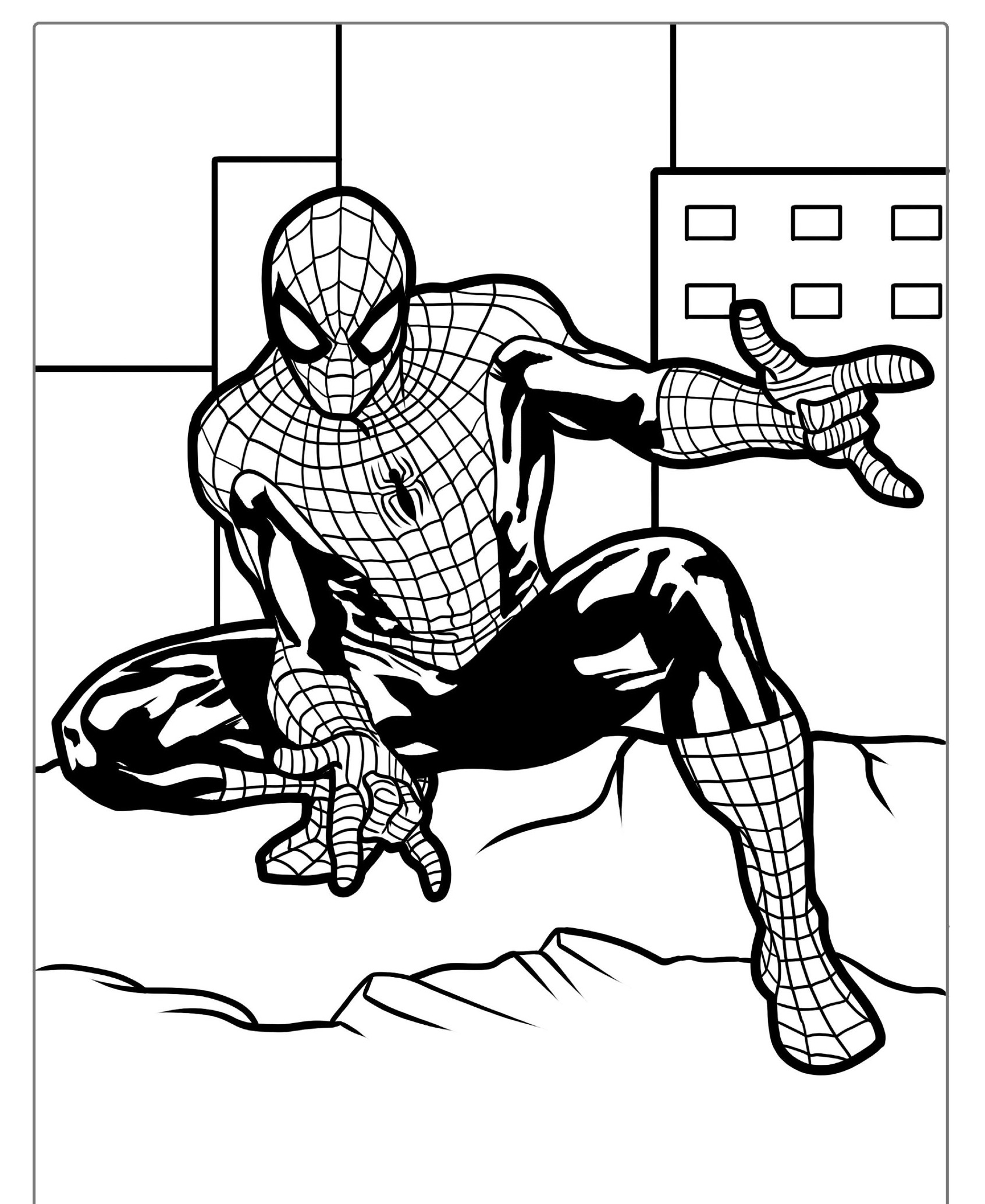 Desenho para colorir do Homem-Aranha, com edifícios ao fundo.