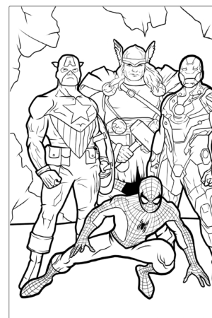 Quatro super-heróis posando, incluindo um agachado, desenho para colorir.