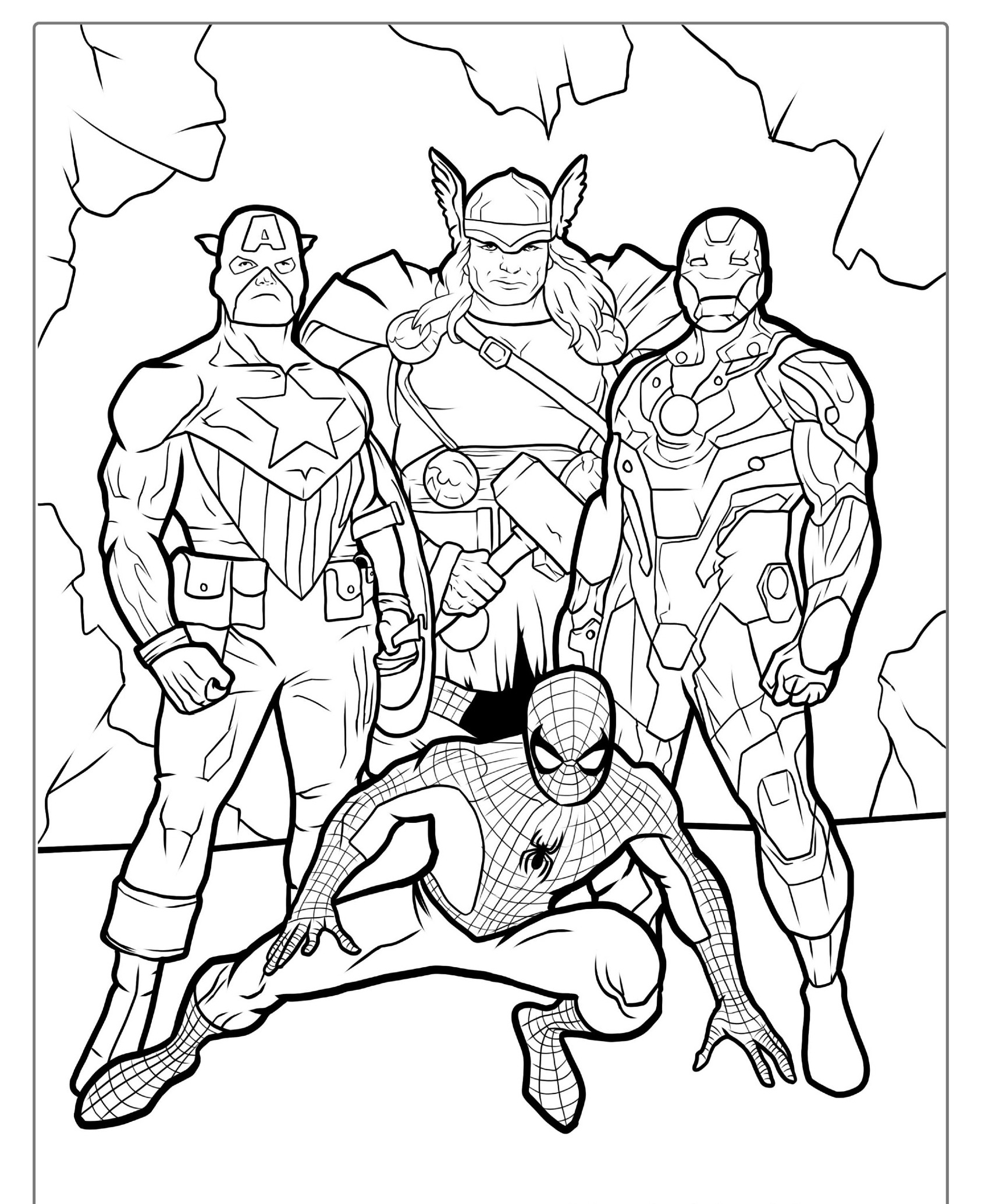 Quatro super-heróis posando, incluindo um agachado, desenho para colorir.