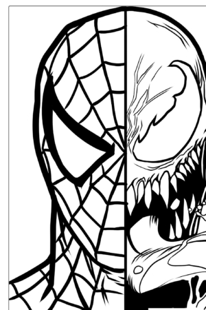 Metade Homem-Aranha e metade Venom para colorir, sem fundo.