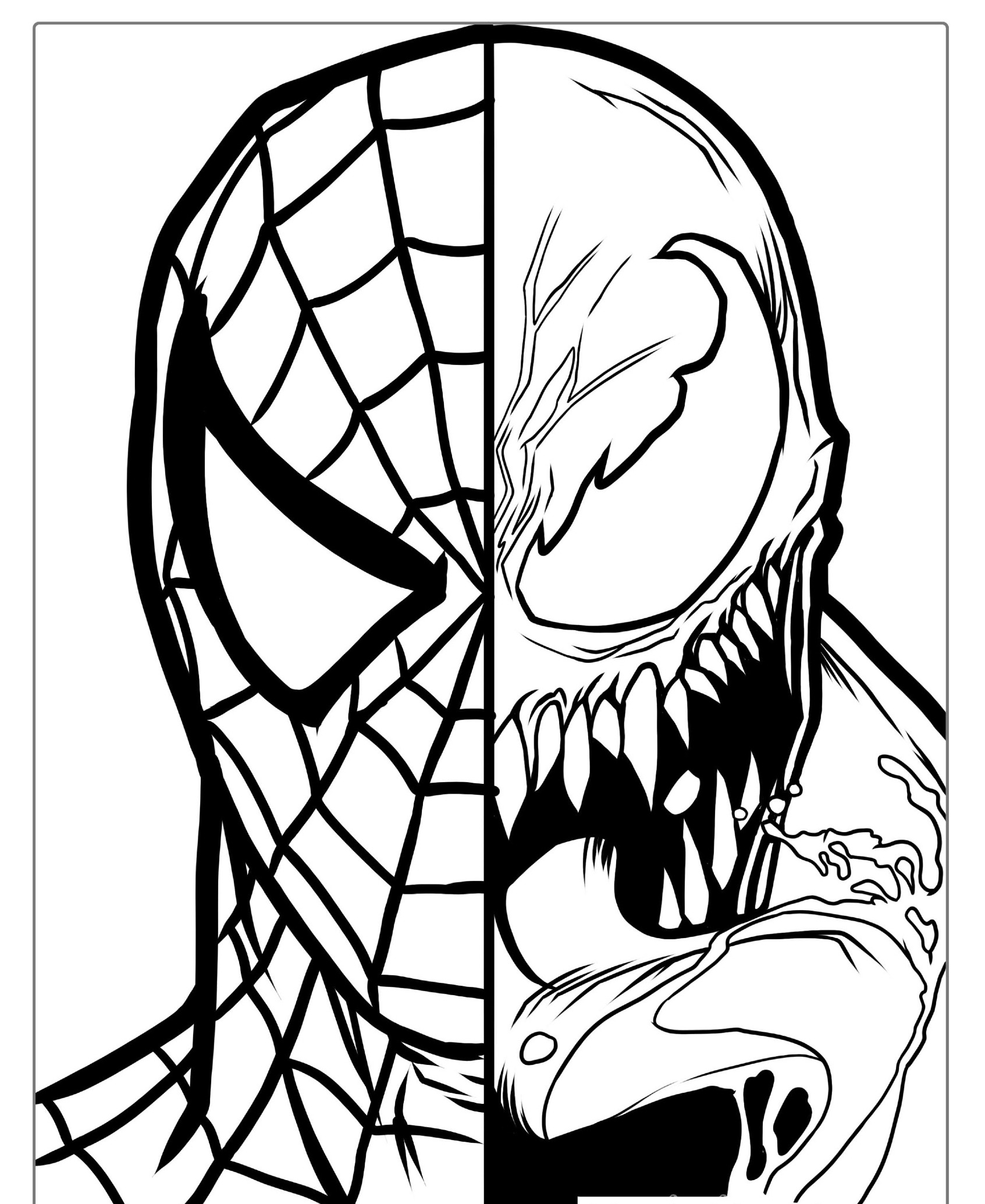 Metade Homem-Aranha e metade Venom para colorir, sem fundo.