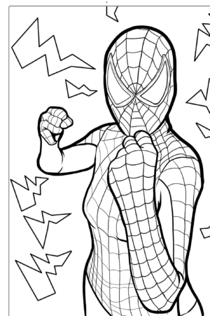 Homem-Aranha de punhos erguidos com raios no fundo, para colorir.