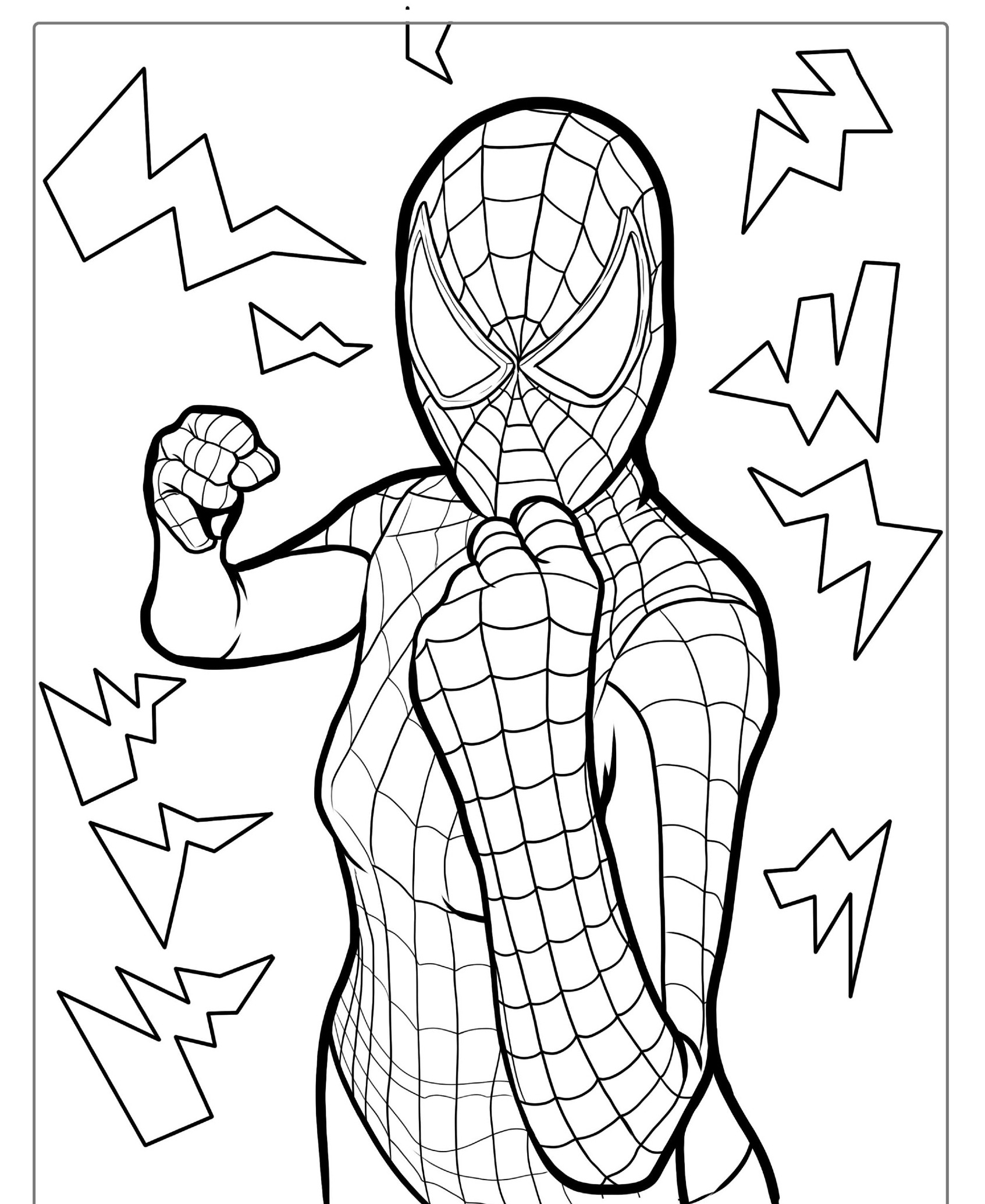 Homem-Aranha de punhos erguidos com raios no fundo, para colorir.