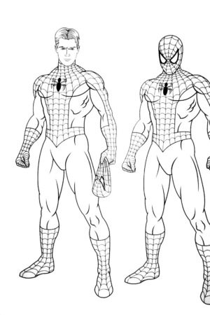 Dois desenhos do Homem-Aranha para colorir, um sem máscara.