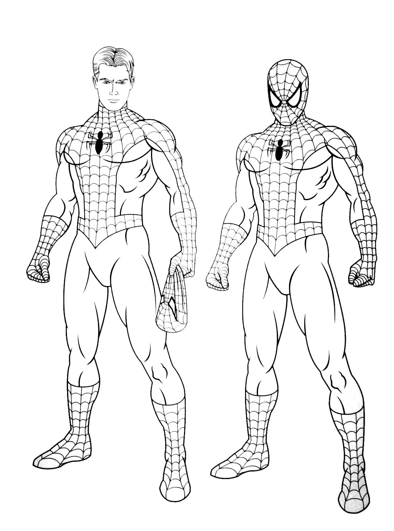 Dois desenhos do Homem-Aranha para colorir, um sem máscara.