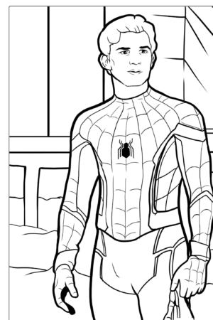 Homem-Aranha em trajes de super-herói, desenho para colorir.