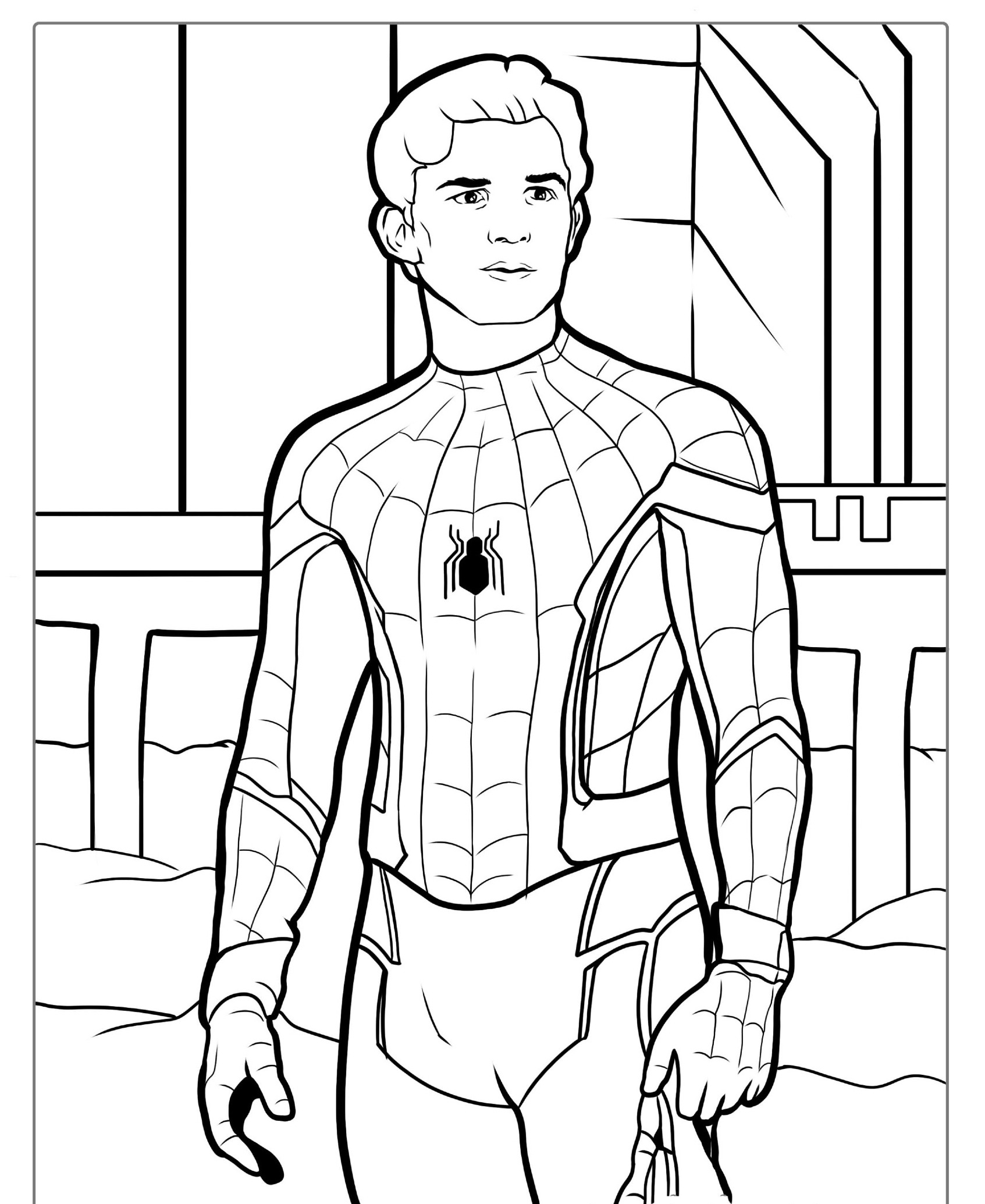 Homem-Aranha em trajes de super-herói, desenho para colorir.