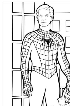 Desenho para colorir de um super-herói com traje de teia.