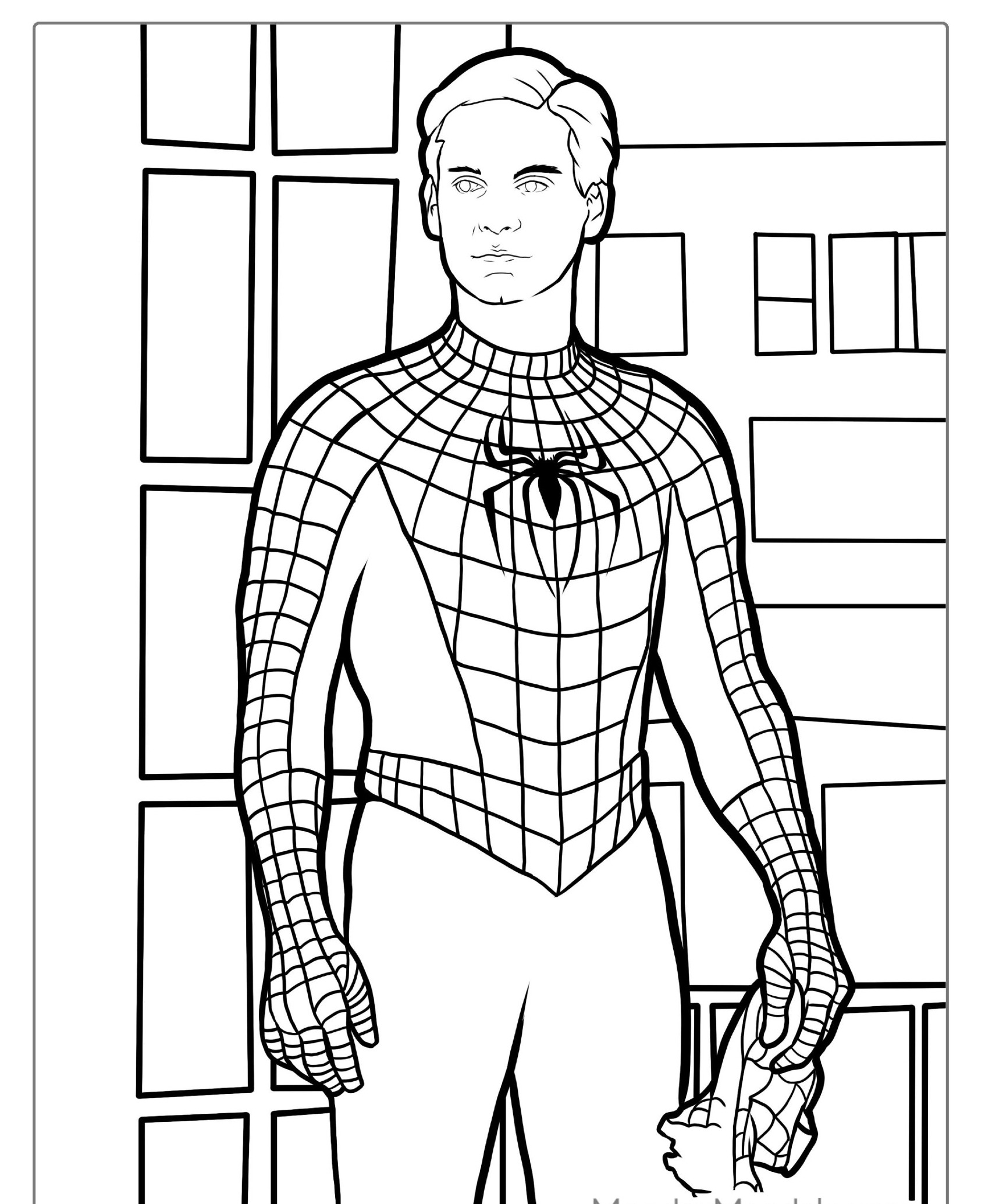 Desenho para colorir de um super-herói com traje de teia.