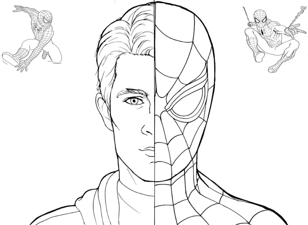 Desenho para colorir de um homem metade normal, metade com máscara de super-herói.