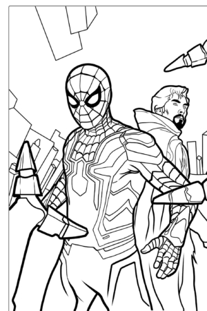 Desenho para colorir de dois super-heróis e prédios ao fundo