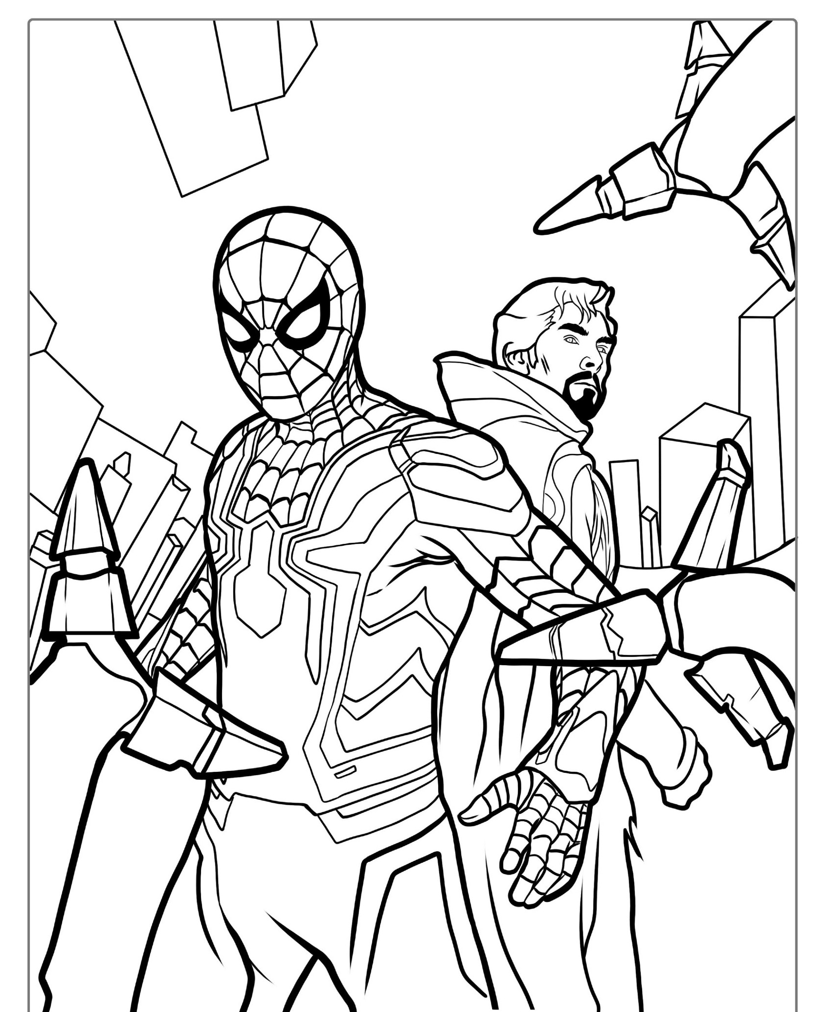 Desenho para colorir de dois super-heróis e prédios ao fundo