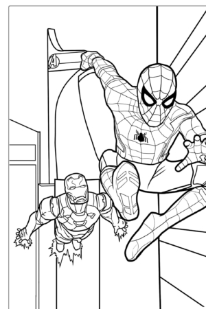 Homem-Aranha e Homem de Ferro em ação, desenho para colorir.