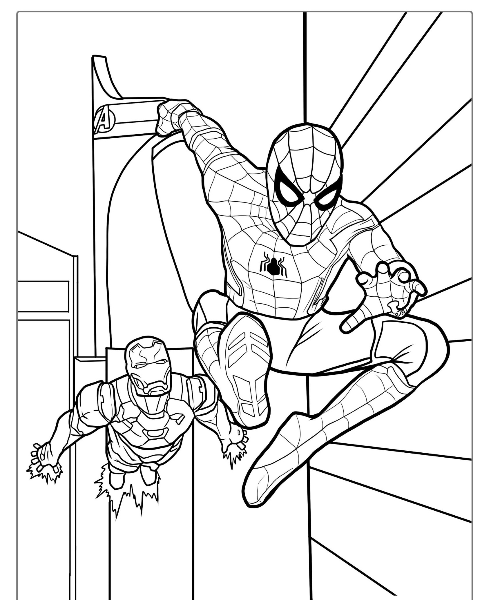 Homem-Aranha e Homem de Ferro em ação, desenho para colorir.